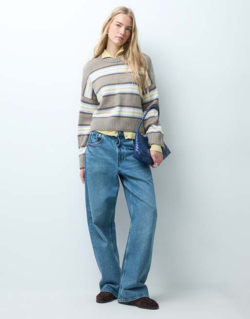 Hollister - jersey de punto con cuello redondo a rayas marrones y azules, 2 de 4
