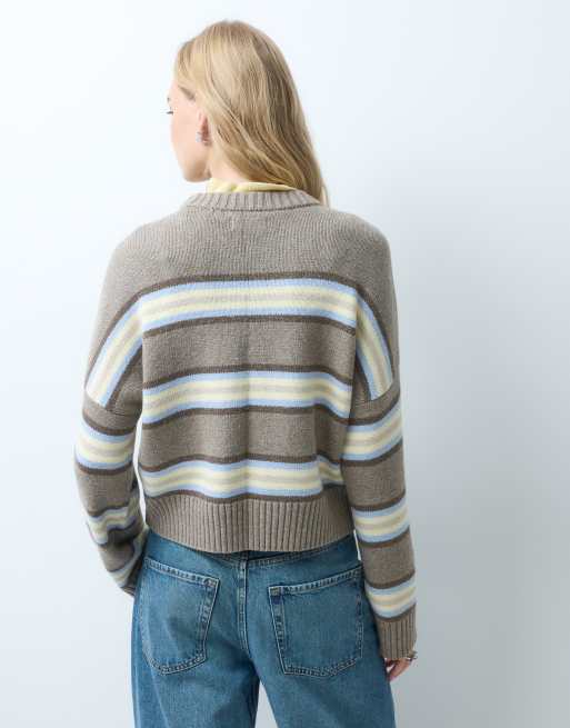 Hollister - jersey de punto con cuello redondo a rayas marrones y azules, 4 de 4