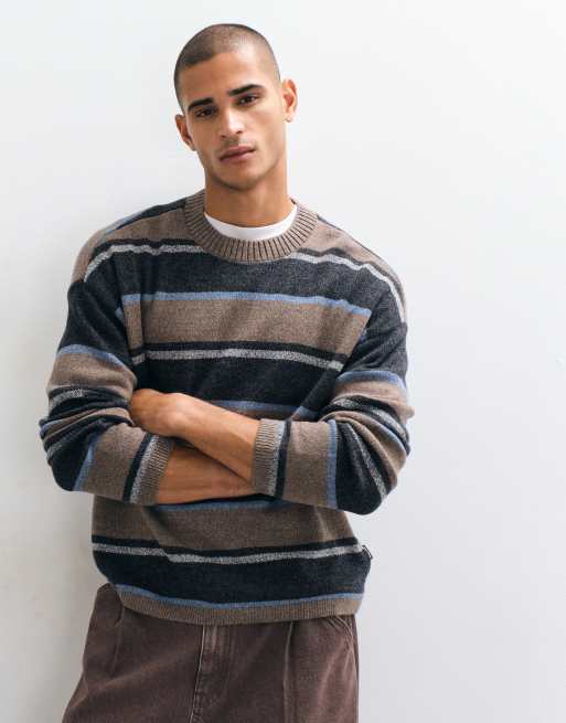 Hollister jersey de punto con cuello redondo a rayas negras y marrones, 1 de 5