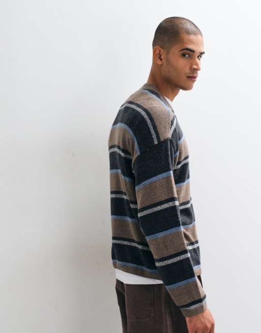Hollister jersey de punto con cuello redondo a rayas negras y marrones, 3 de 5