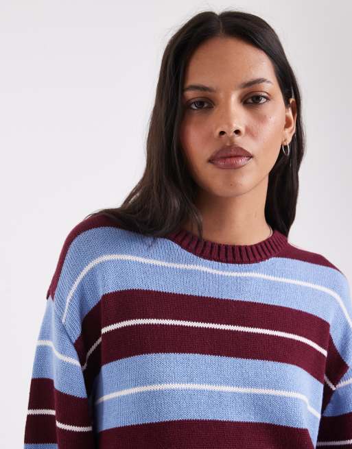 Hollister jersey de punto extragrande con cuello redondo a rayas granate y azul, 3 de 4