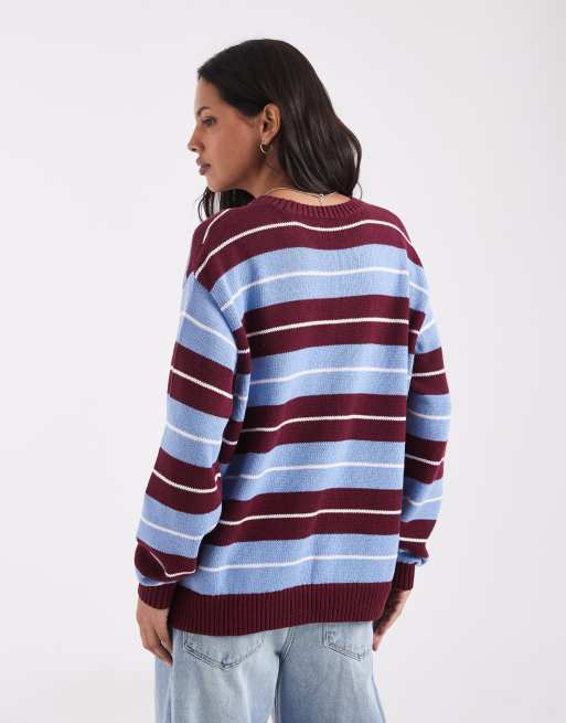 Hollister jersey de punto extragrande con cuello redondo a rayas granate y azul, 4 de 4