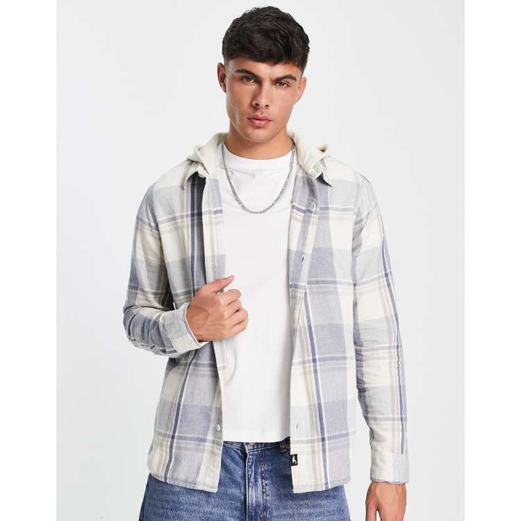 Hollister jersey hood inner check flannel shirt in cream