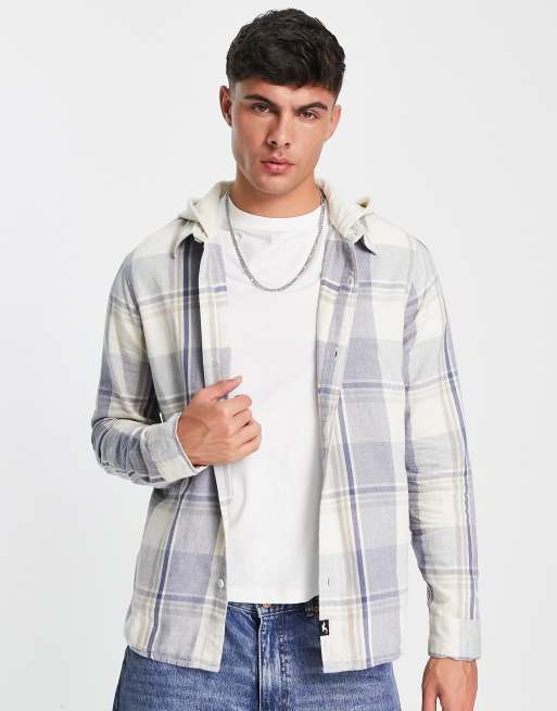 Hollister jersey hood inner check flannel shirt in cream