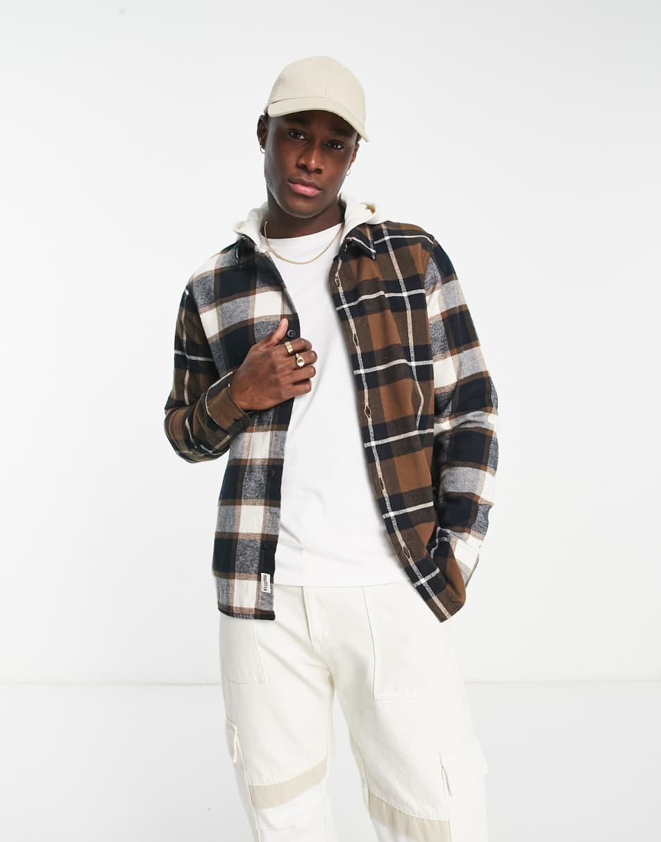 Hollister jersey hoods spliced check overshirt in black/brown