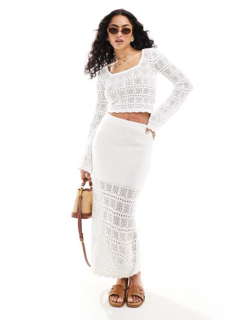Hollister - Jupe longueur mollet au crochet - Blanc
