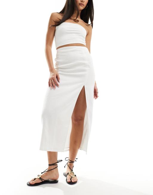 Hollister Jupe longueur mollet en lin melange fendue sur le cote Blanc ASOS
