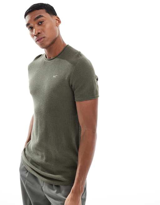 Hollister - Kakigrøn T-shirt med kkorte ærmer, tekstur og ikonlogo