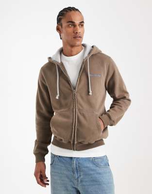 Kapuzenpullover in verwaschenem Braun mit Reißverschluss und Logo-Detail-Schwarz Schwarz S