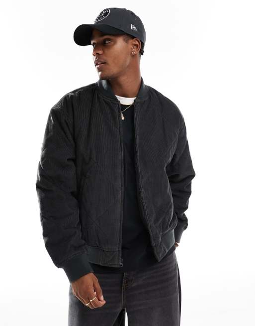 Hollister – Kastige, gesteppte Vintage-Bomberjacke aus Cord in Grau/Schwarz