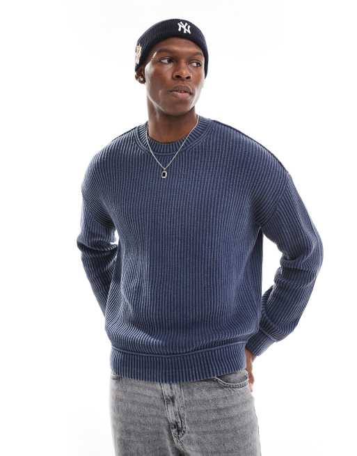 Hollister – Kastiger, gerippter Grobstrickpullover in verwaschenem Marineblau