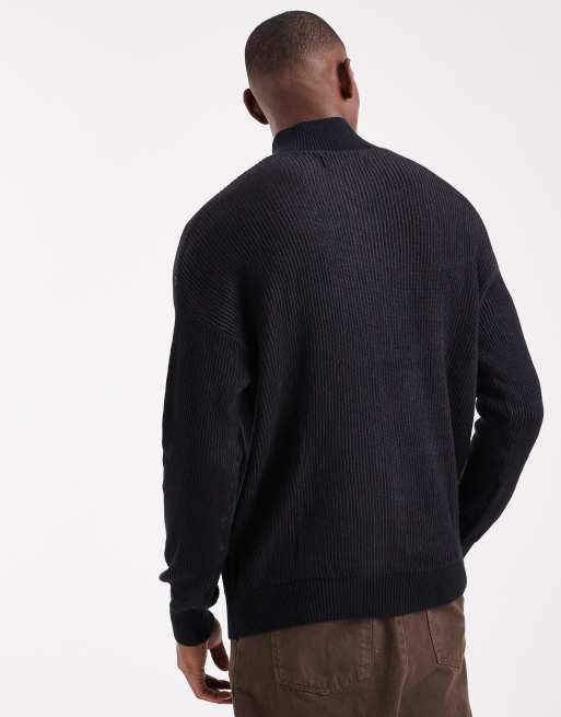 Hollister – Kastiger, gerippter Pullover in Schwarz mit kurzem Reißverschluss, 3 von 5