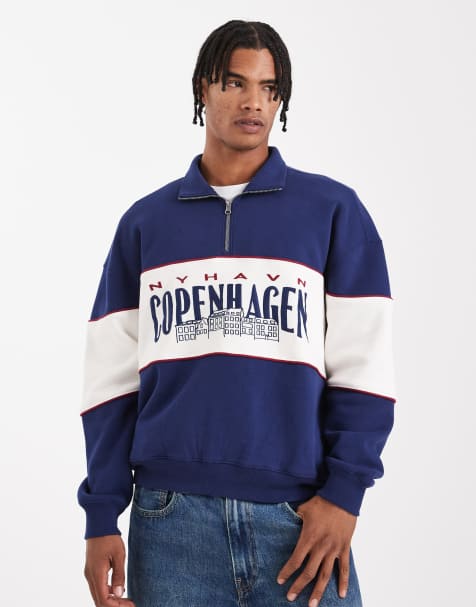 Hollister – Kastiges Sweatshirt in Marineblau mit College-Grafik und kurzem Reißverschluss - view 1