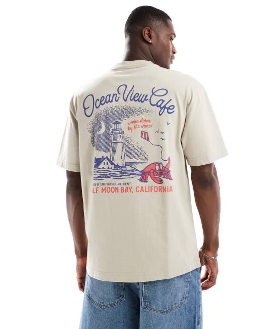Hollister – Kastiges T-Shirt in Grau mit Ocean View Cafe-Print hinten