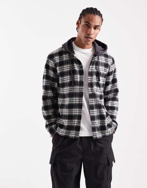 Hollister – Kastiges Vintage-Flanellhemd in kariertem Schwarz mit Kapuze - view 1