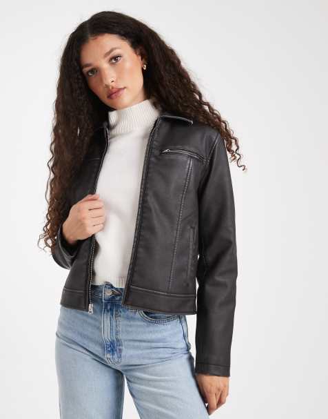 Hollister – Klassische Bikerjacke aus Kunstleder in Schwarz - view 1