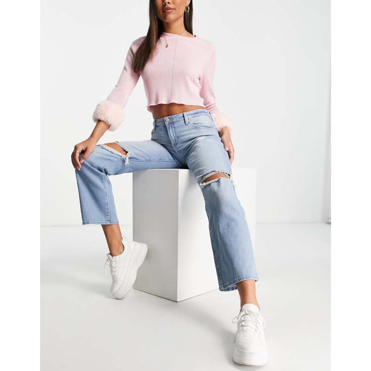 Hollister high rise knee rip embellished mom jeans in mid wash