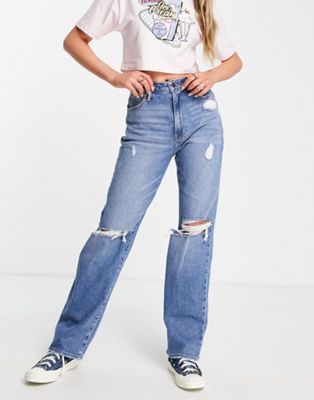 Hollister knee rip jeans in mid wash blue
