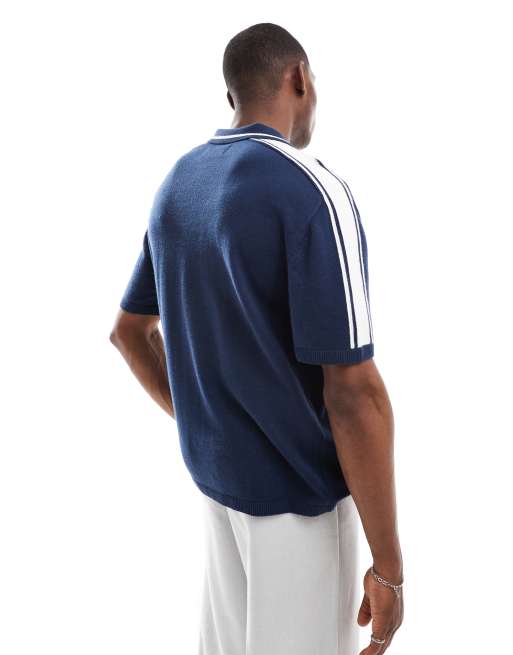 Hollister knit contrast collar preppy polo top in navy