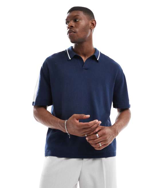 Hollister knit contrast collar preppy polo top in navy