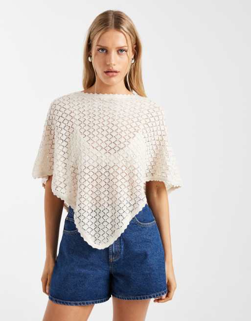 Hollister knit crochet poncho in beige