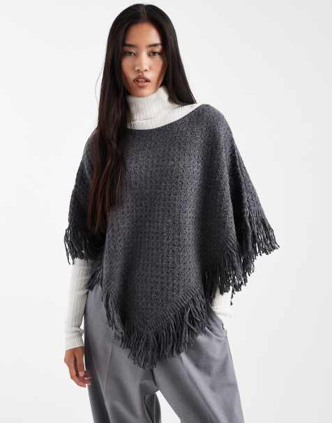 Hollister knit fringe detail poncho in dark gray - view 1