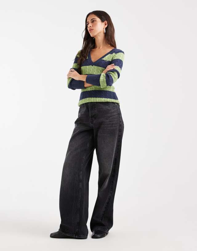 Hollister knit icon logo v neck sweater in green and navy stripes