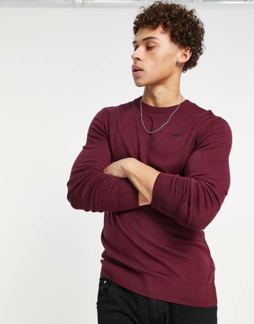 Hollister knit jumper in burgundy with logo | ASOS