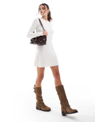 knit long sleeve mini dress in cream-White