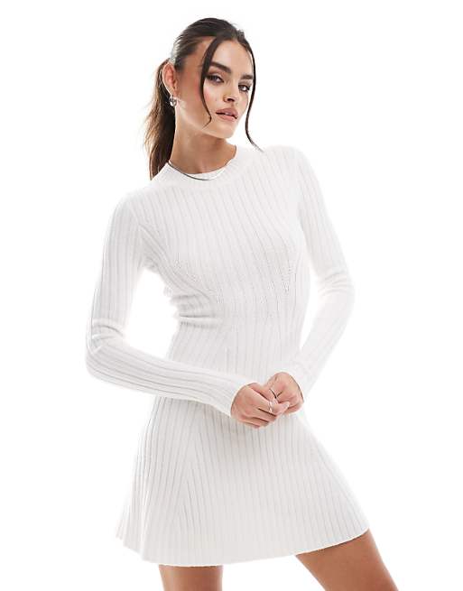 white knitted dress long sleeve self-portrait - Lace Collared Pointelle Knit Mini 30% Nylon Length RHYTHM CHARLIZE LONG SLEEVE KNIT