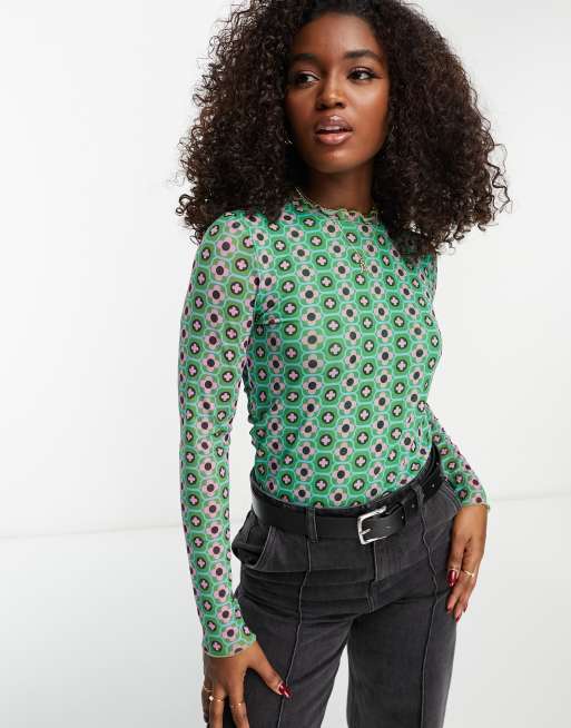 Hollister knit long sleeve mock neck top in green retro print | ASOS