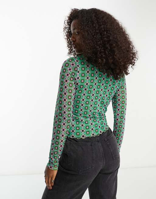 Hollister knit long sleeve mock neck top in green retro print