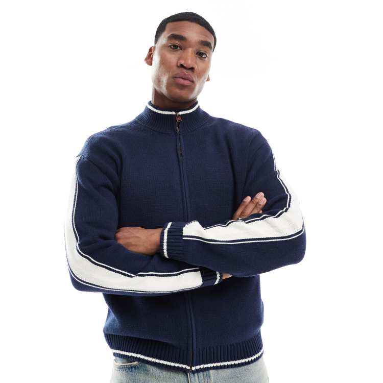 Hollister knit zip up cardigan with contrast sleeve panel in navy