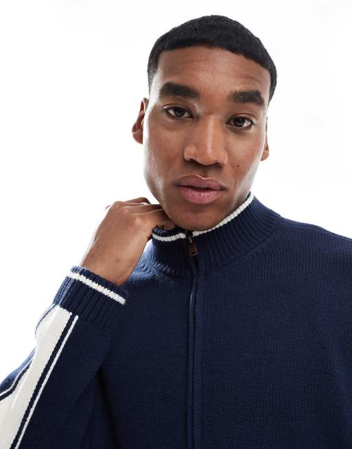 Hollister knit zip up cardigan with contrast sleeve panel in navy