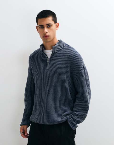 Hollister knitted 1/4 zip ribbed jumper in blue - view 1