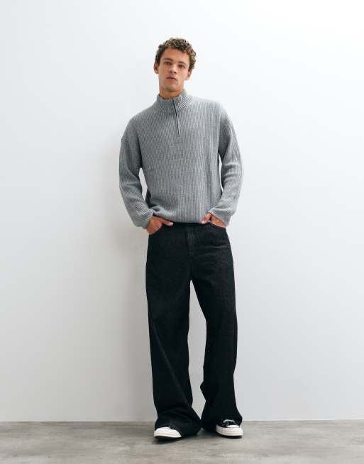 Hollister knitted 1/4 zip ribbed jumper in grey, 1 of 5
