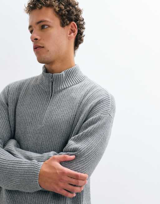 Hollister knitted 1/4 zip ribbed jumper in grey, 3 of 5