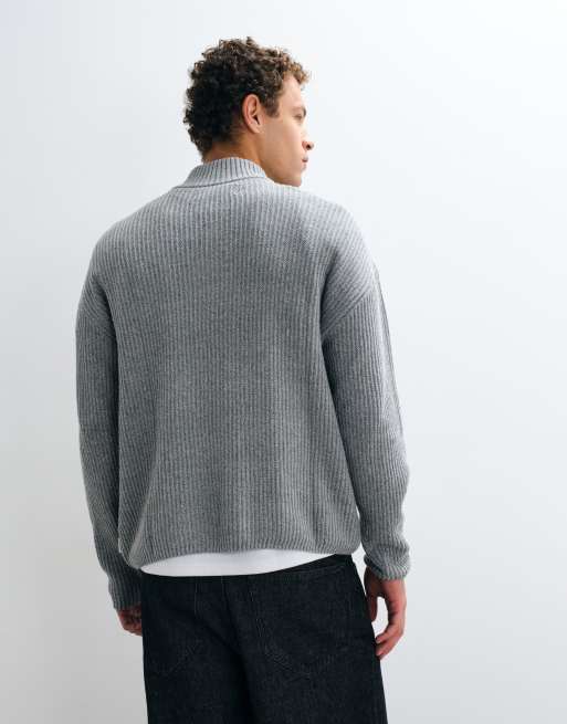 Hollister knitted 1/4 zip ribbed jumper in grey, 4 of 5