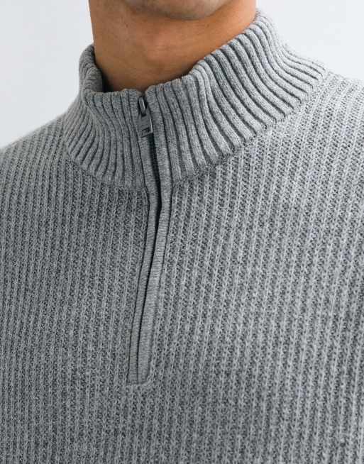 Hollister knitted 1/4 zip ribbed jumper in grey, 5 of 5