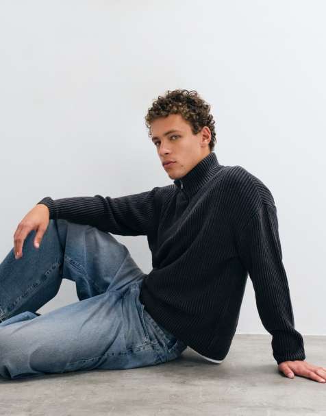 Hollister knitted 1/4 zip ribbed jumper in washed black - view 1