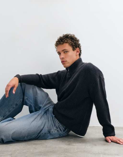 Hollister knitted 1/4 zip ribbed jumper in washed black, 1 of 5