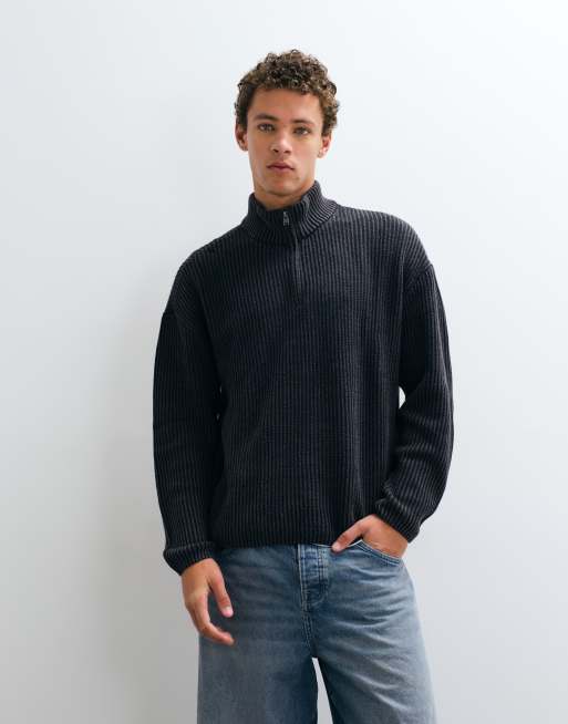 Hollister knitted 1/4 zip ribbed jumper in washed black, 3 of 5