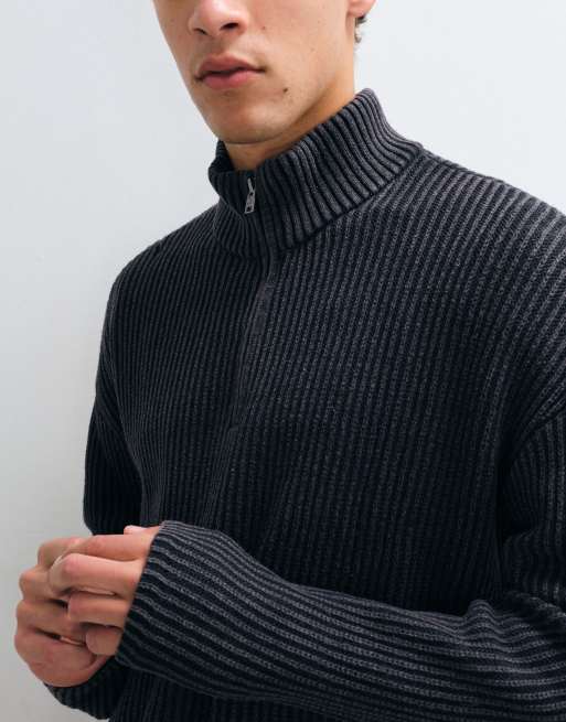 Hollister knitted 1/4 zip ribbed jumper in washed black, 4 of 5