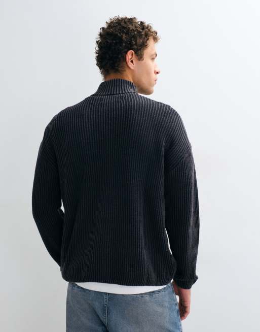 Hollister knitted 1/4 zip ribbed jumper in washed black, 5 of 5