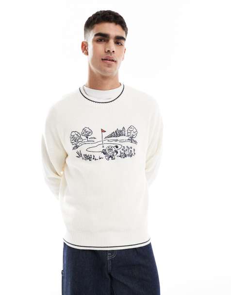 Hollister knitted boxy logo jumper in beige - view 1