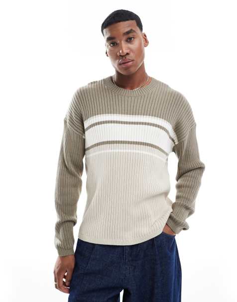 Hollister knitted boxy logo jumper with contrast panels in beige multi - view 1