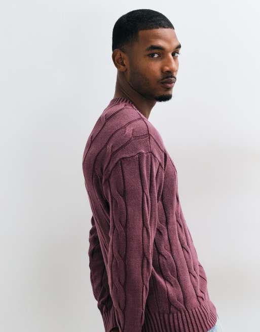 Hollister knitted cable knit jumper in burgundy, 3 of 5