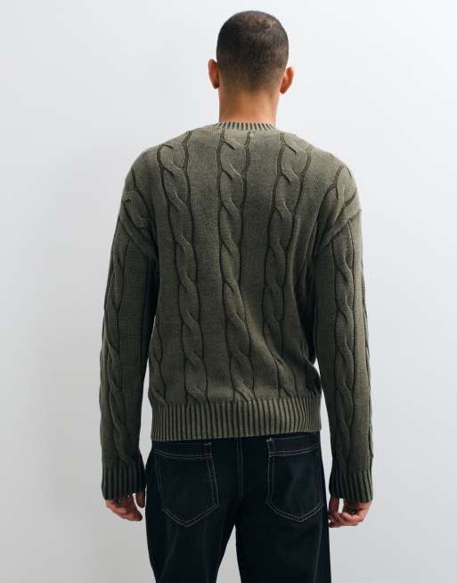 Hollister knitted cable knit jumper in dark green, 2 of 5