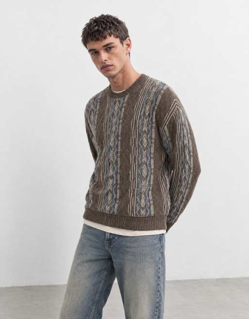Hollister knitted crew neck jumper in brown fairlisle, 8 of 10