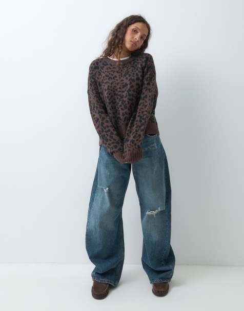 Hollister knitted crew neck jumper in brown leopard print - view 1
